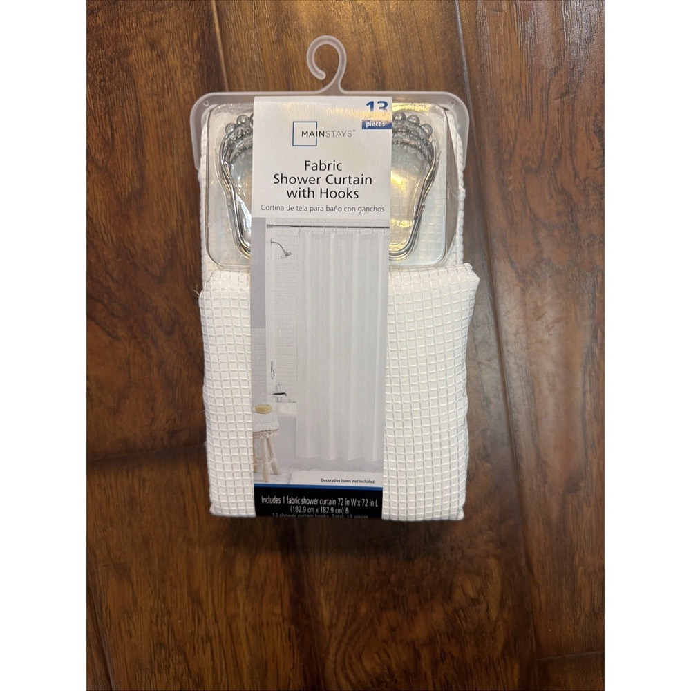 Mainstays Fabric Shower Curtain w/ Hooks Arctic White Waffle 72" x 72" 13 Piece